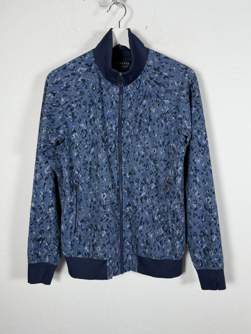 Athleta Brooklyn Bomber Jacket II Womens Size Small Blue Camo Zip-Up Lightweight
